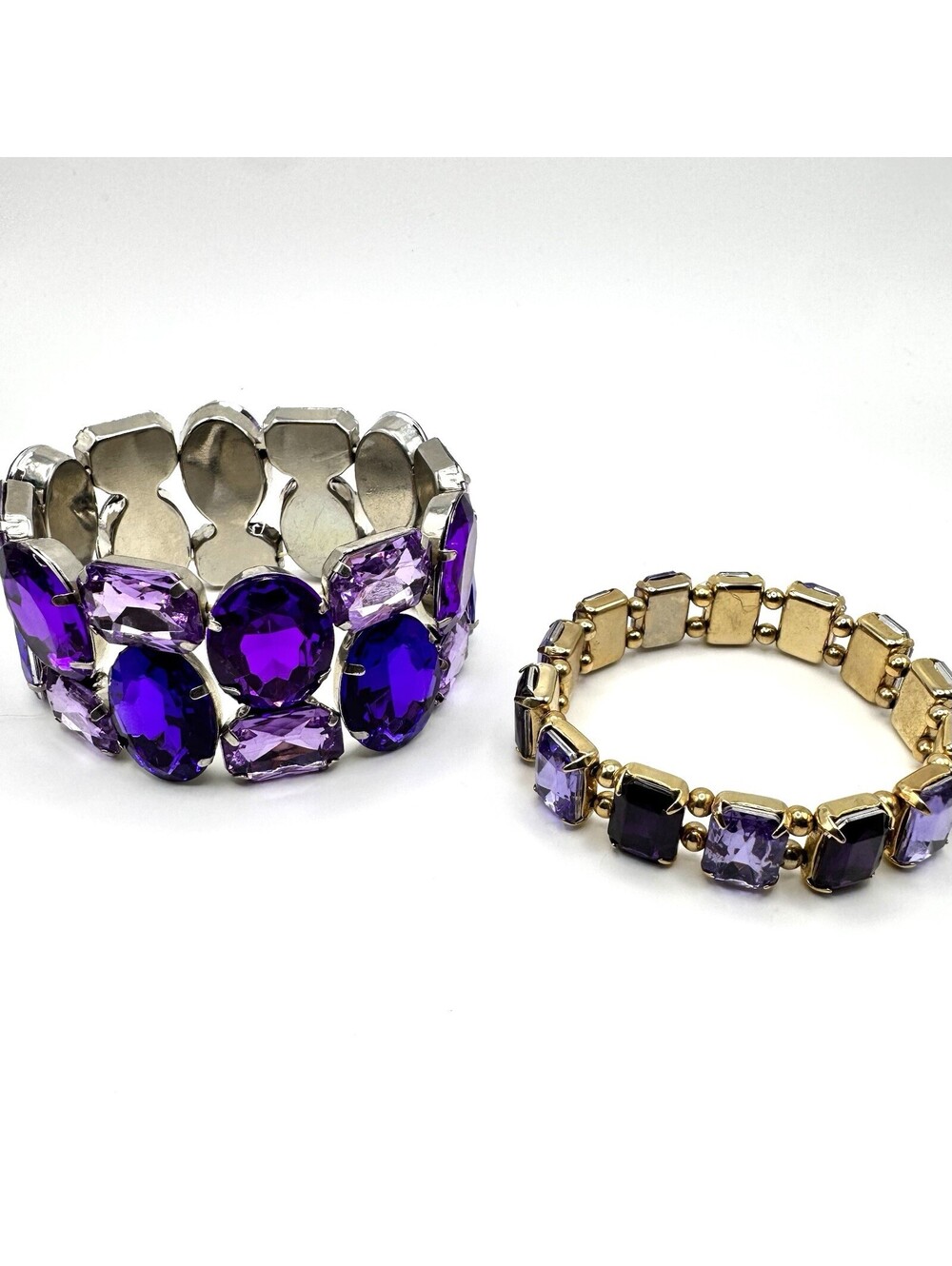 90s Bold Purple Rhinestone Stretch Bracelets, Silver&Gold Tone, Retro Prom, Drag